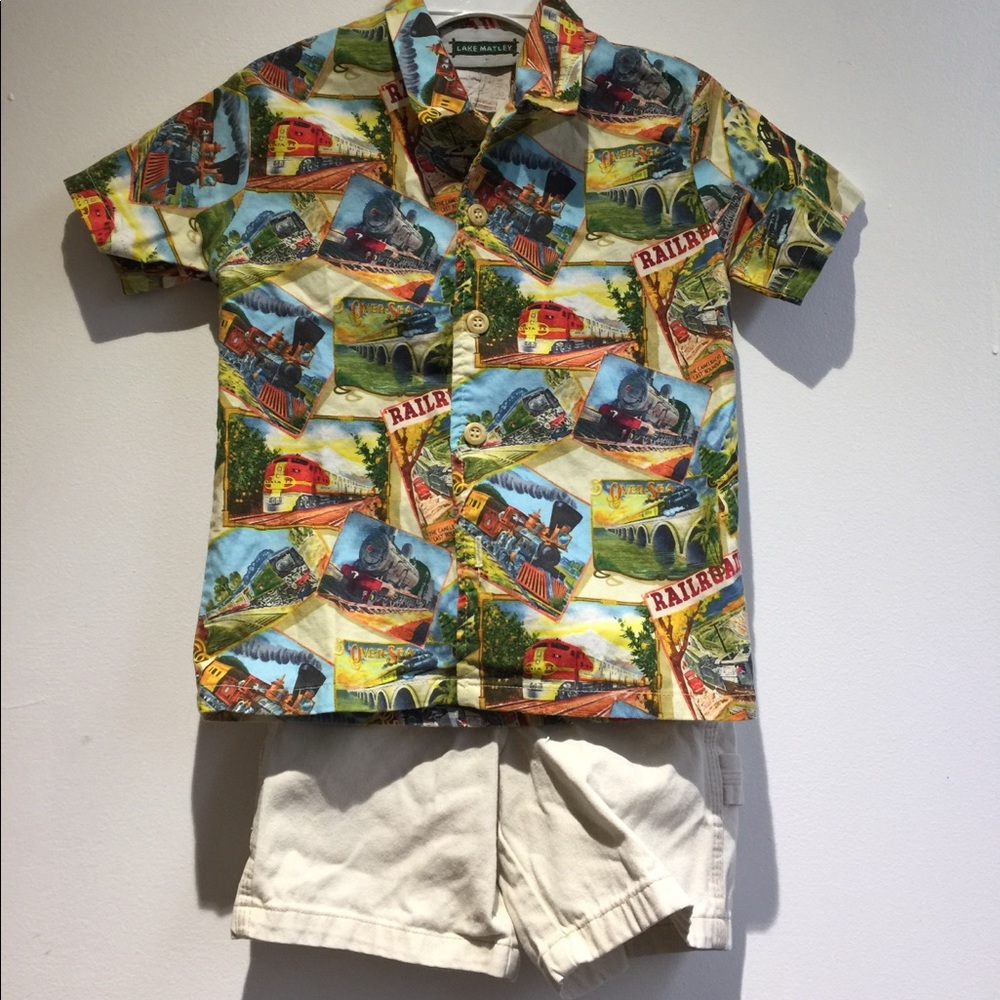 Lake Matley train shirt with khaki shorts set 3T